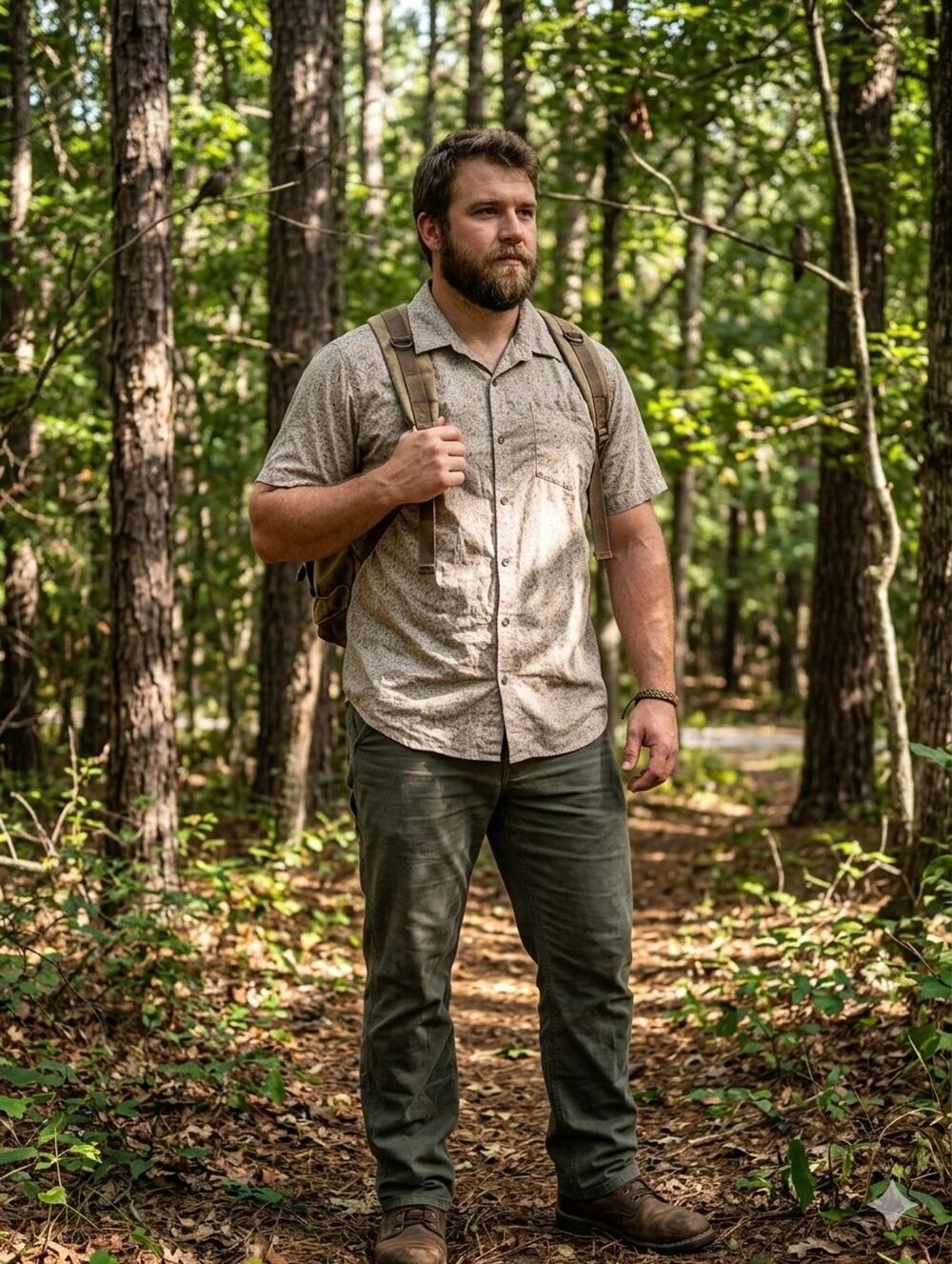 Columbia MensCamping Print Beige Short Sleeve Button-Up Shirt Pockets L Outdooor